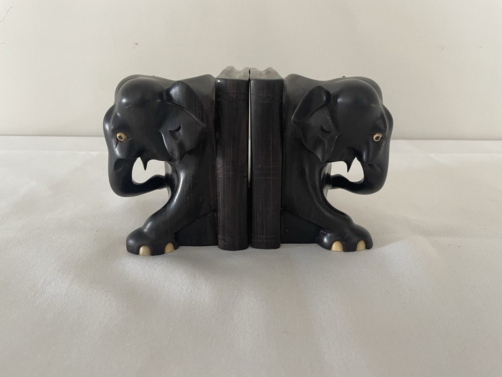 Elephant Bookends - Ebony Carved - Antique