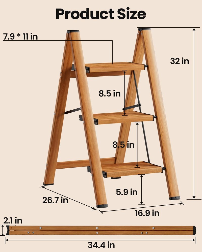 SOLADDER 3 Step Ladder, Folding Stool with Anti-Slip 3 Step, Woodgrain