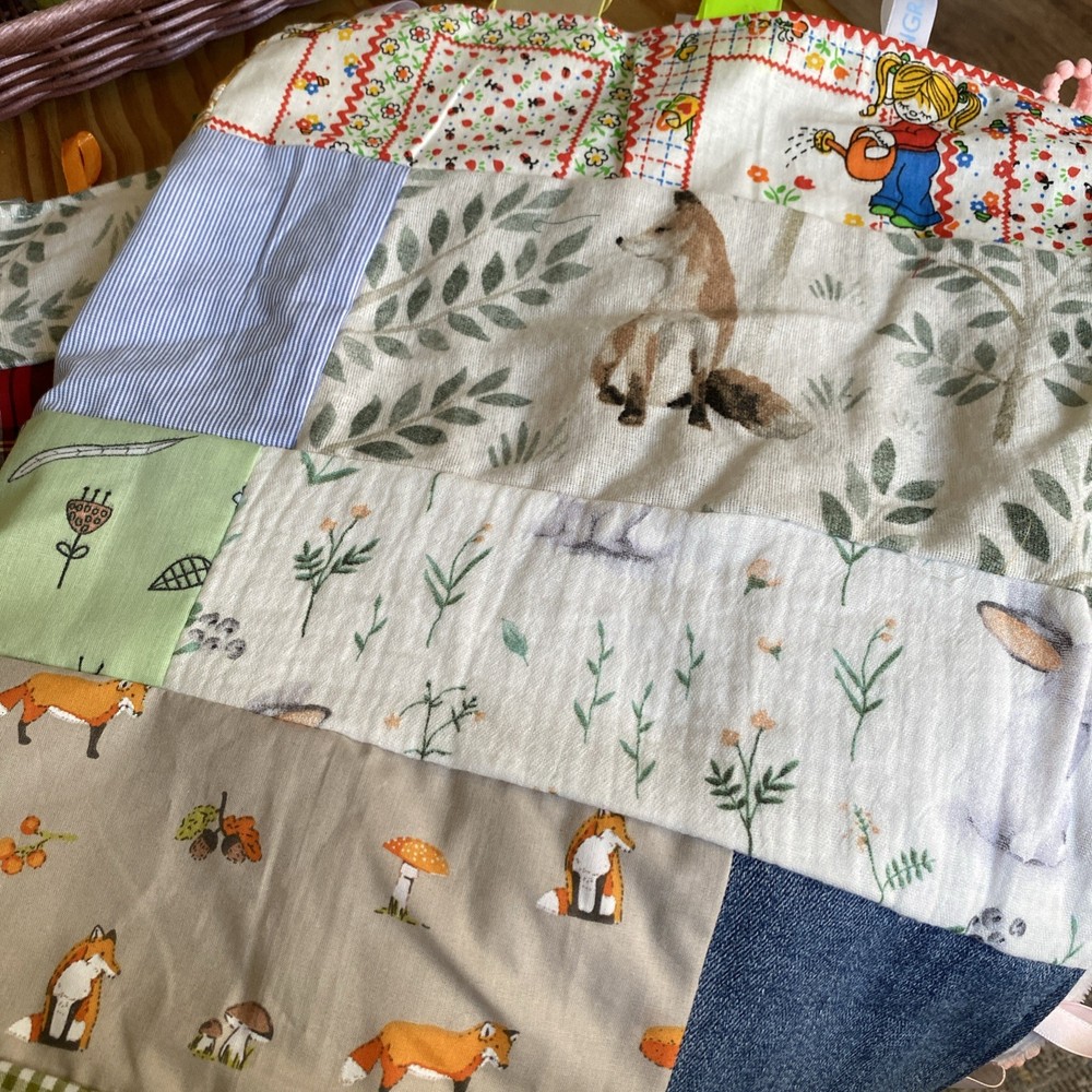 Large Handmade Blanket Taggie Blanket - Patchwork multicolour, soft white back