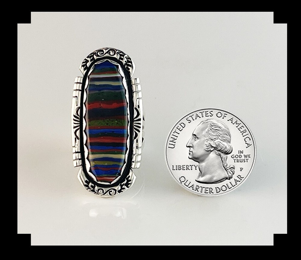 Long Sterling and Rainbow Calsilica Ring Size 8 1/2