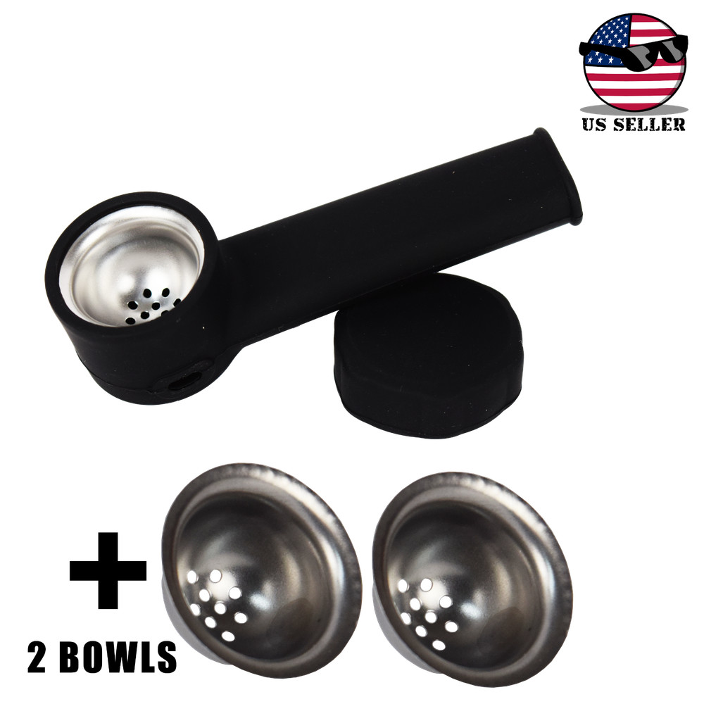 Silicone Pipe with Cap & Metal Bowl ~ Solid Black +2 bowls ~ 3.5 inch