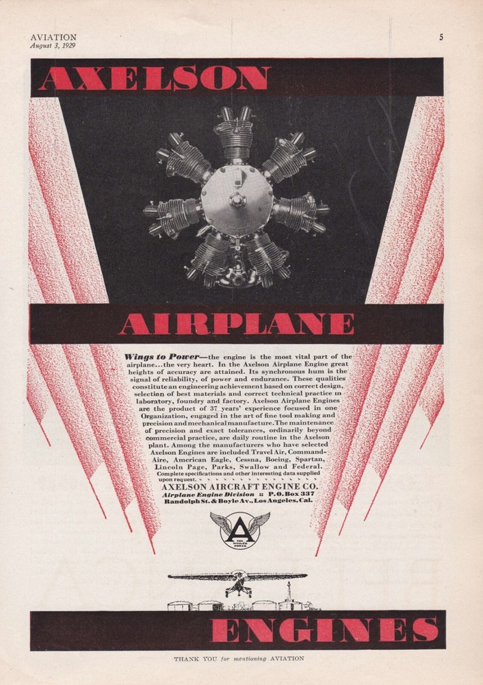 1929 Axelson Aircraft Engine Ad 10/23/2024f