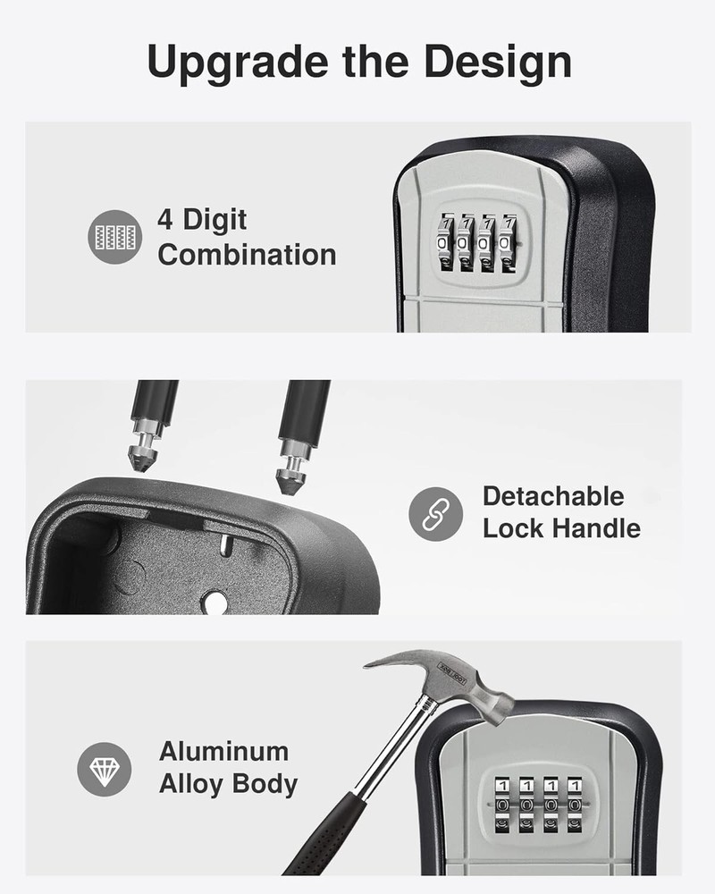 Stylish Gray Key Lock Box - 4-Digit Code, Weatherproof Portable Safety Storage