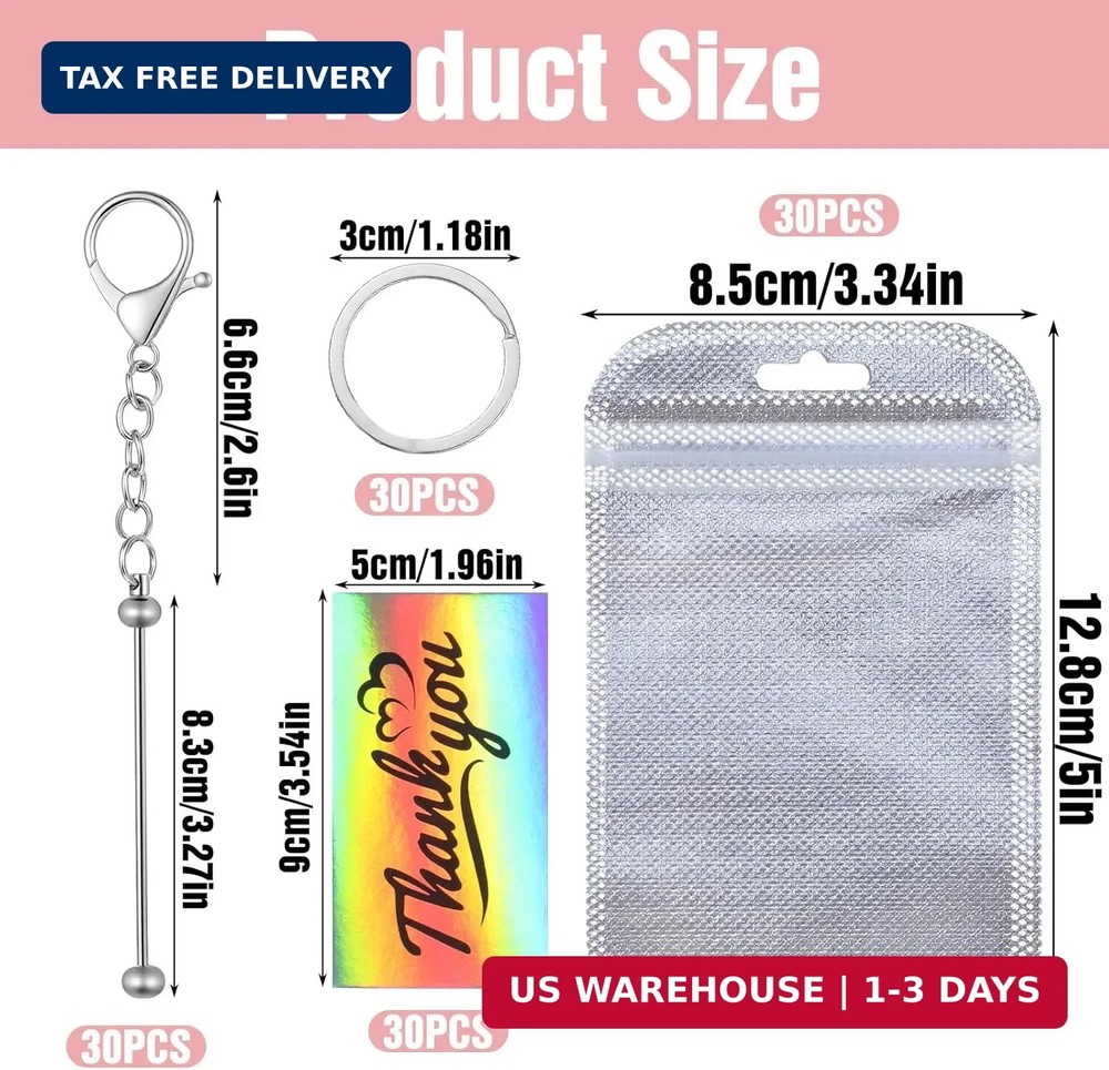 30 Pack (120 Pcs) Beadable Keychain Bars Bulk Kit - DIY Keychain Making Supplies