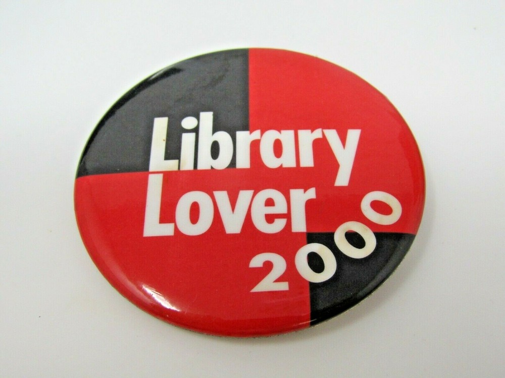 Vintage 2000 Library Lover Pinback Button Red Black Checkered Slogan Reading Y2K