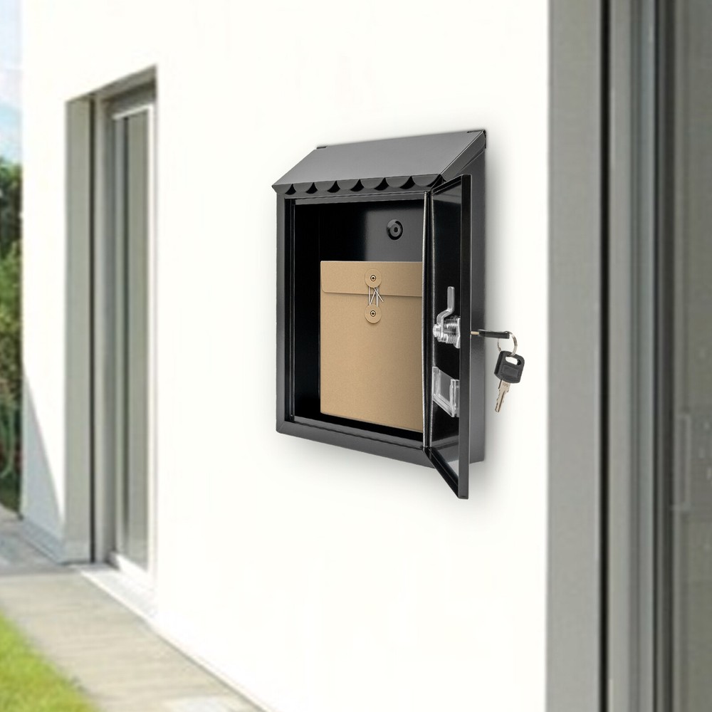 Wall Mount Rectangular Locking Mailbox W/ 2 Keys Black Residential Mail Box