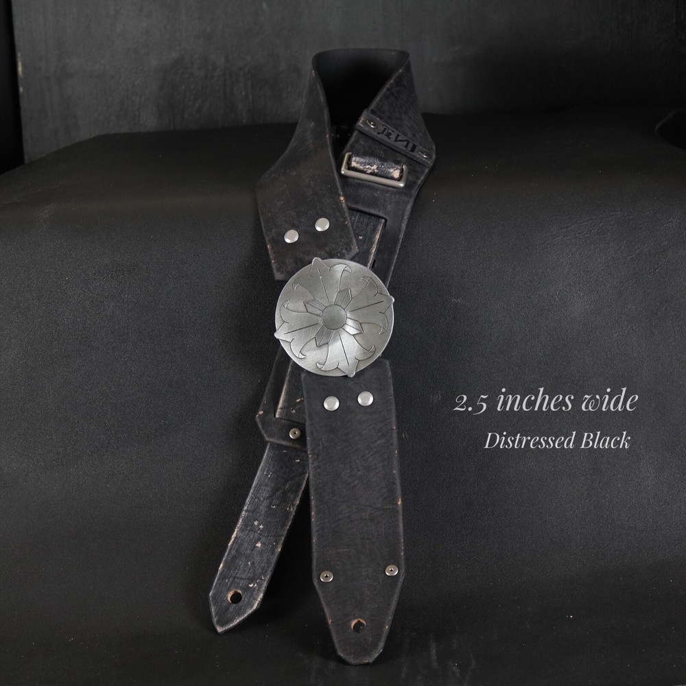Aged Leather Guitar Strap. Custom Cross Buckle. BLACK