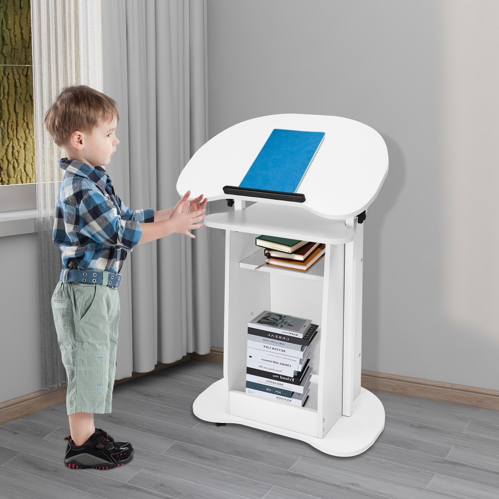 Rolling Lectern Podium Presentation Stand Church Pulpit w/ Storage Compartment