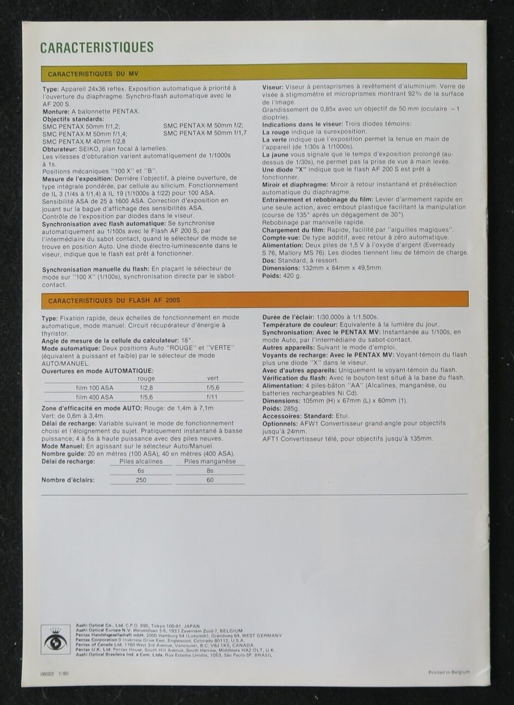 PENTAX MV Multi Value Camera Catalog ASAHI Catalog Catalog