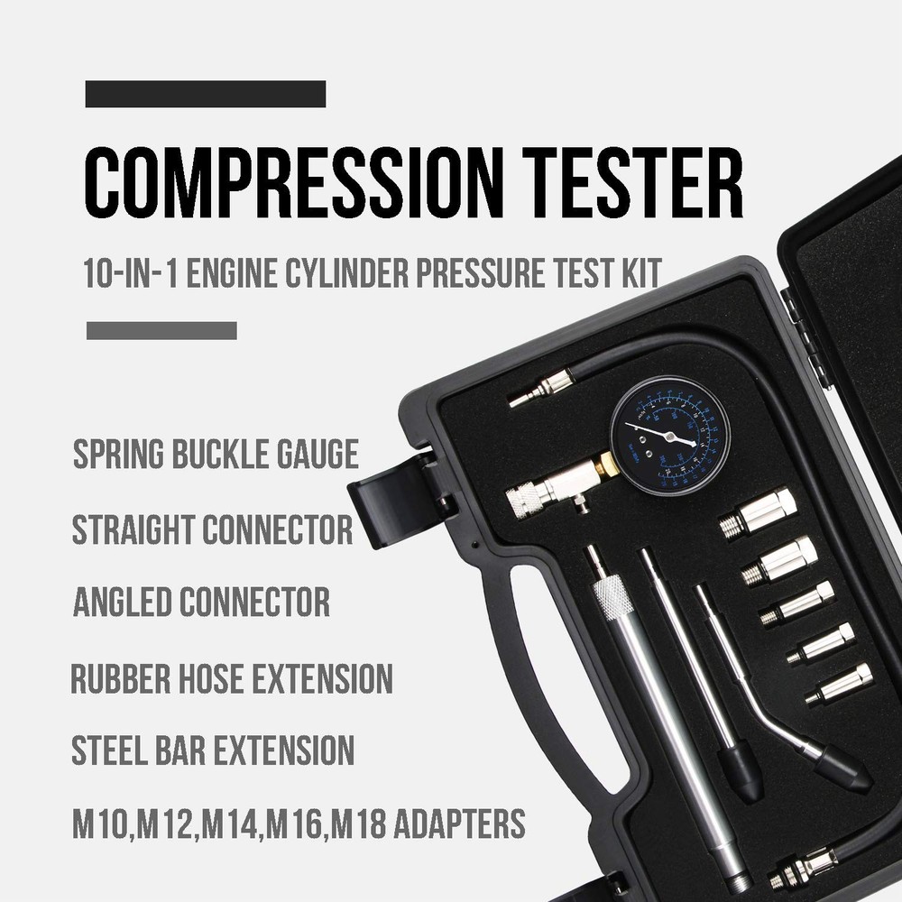 Engine Compression Tester Kit – Gasoline Pressure Gauge with Adaptors & Hoses