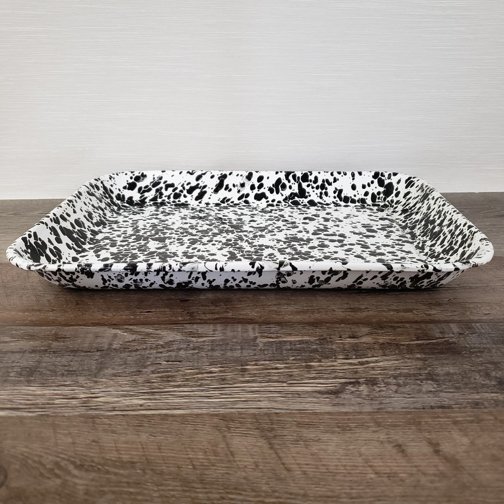 Crow Canyon Enamelware Medium Rectangular Tray Baking Pan Black & White Splatter