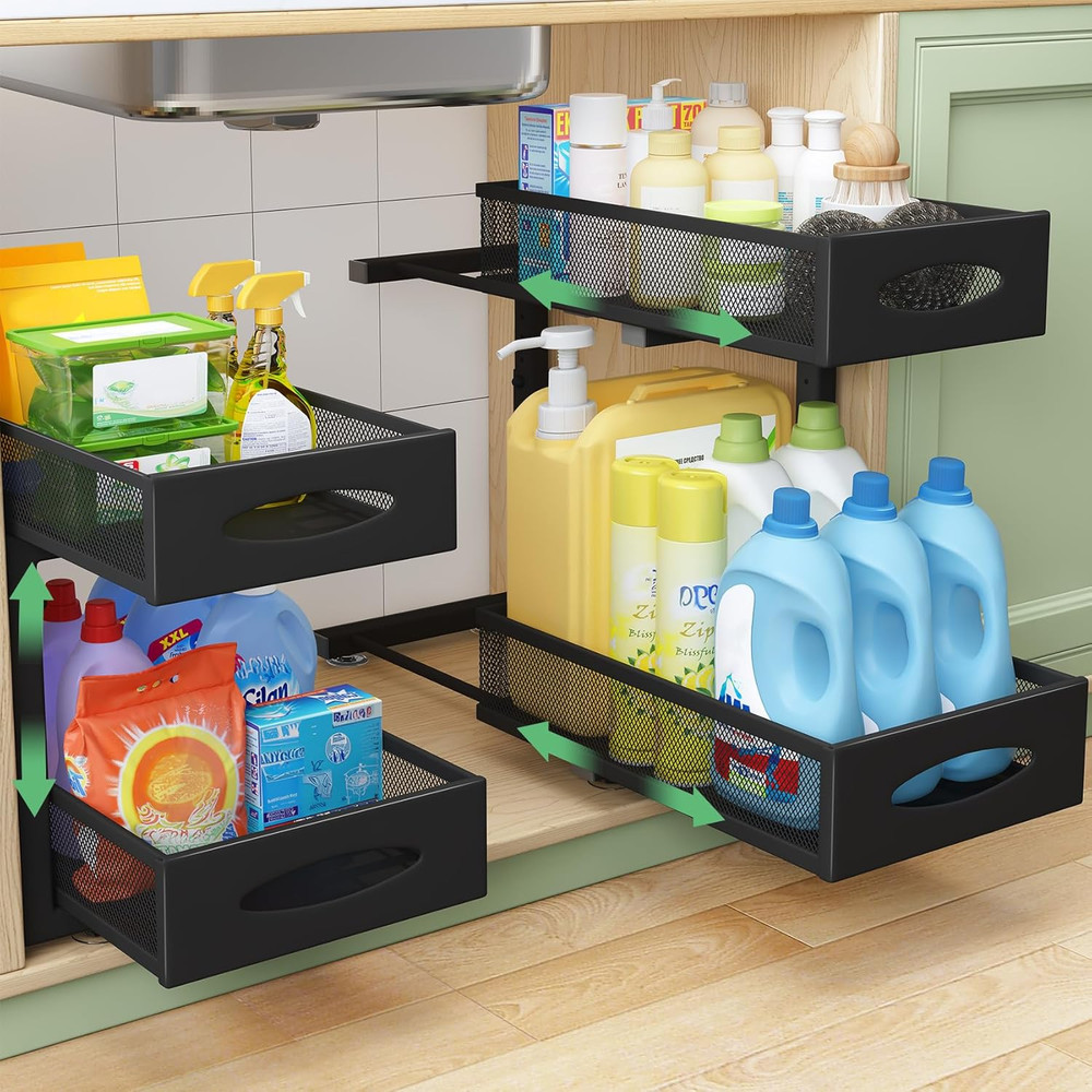 Under Sink Organizer, 2 Tier Pull Out Cabinet Organizer Baskets with Mesh Sli...