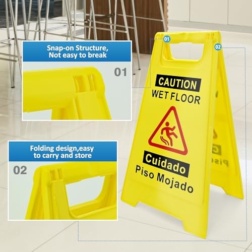 2 Pack Caution Wet Floor Sign, 17.5" Height, Bright Yellow, Double-Sided A