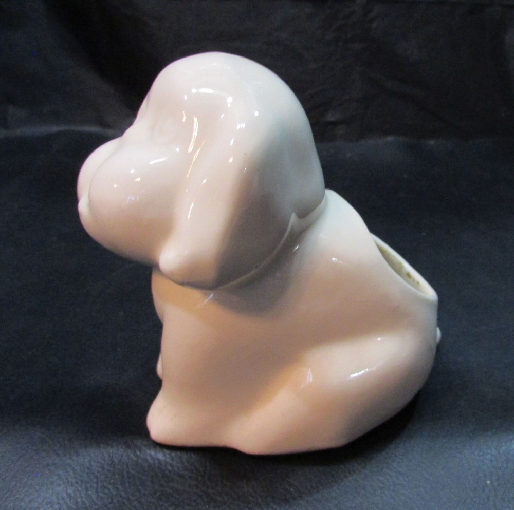 Old 1920s Pure Plain Solid White Pottery Sitting Cute Puppy Dog Small 4" Planter