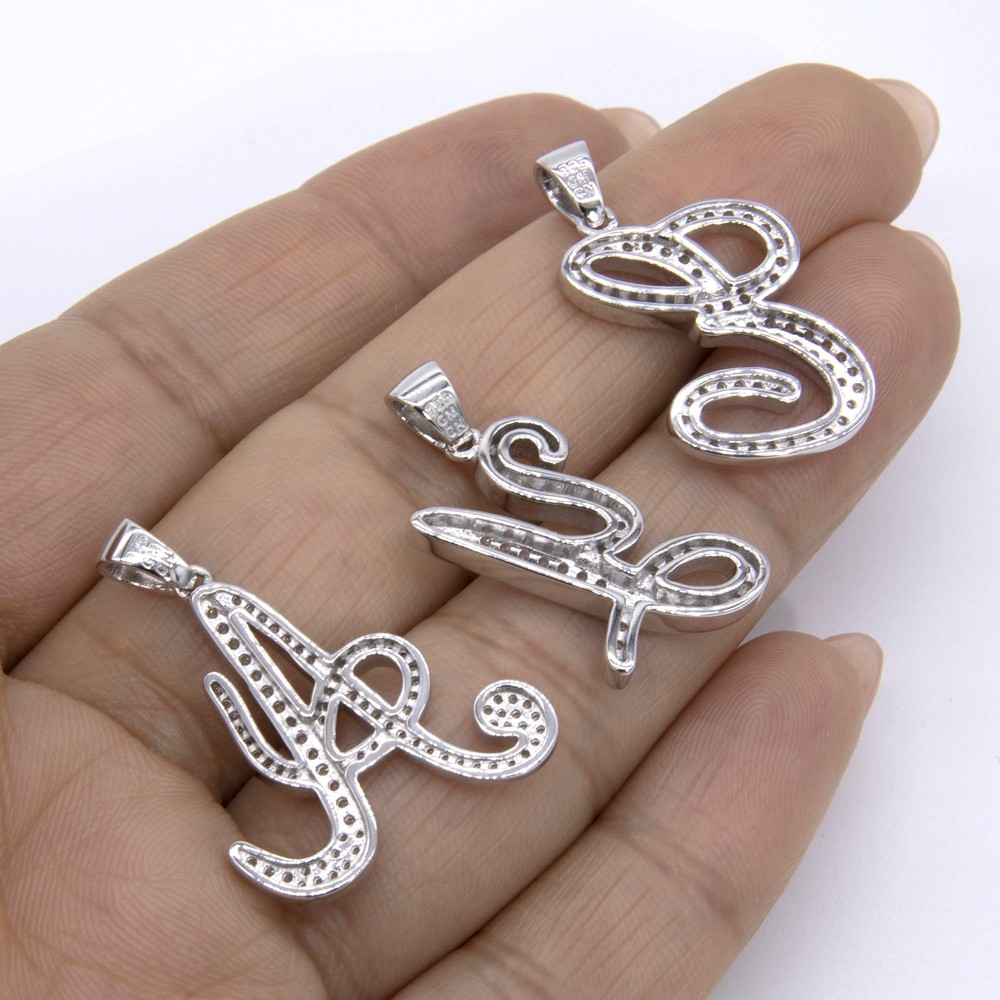 1" CZ Cursive Initial Letter Pendant Yellow White Sterling Silver 925