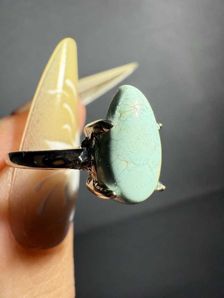 Natural Hubei Turquoise Drop Ring / Silver- plated/adjustable