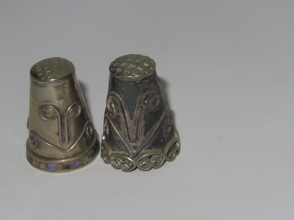 2 Vintage Sterling Silver Sewing Thimbles Abalone Shell Ornate [a327]
