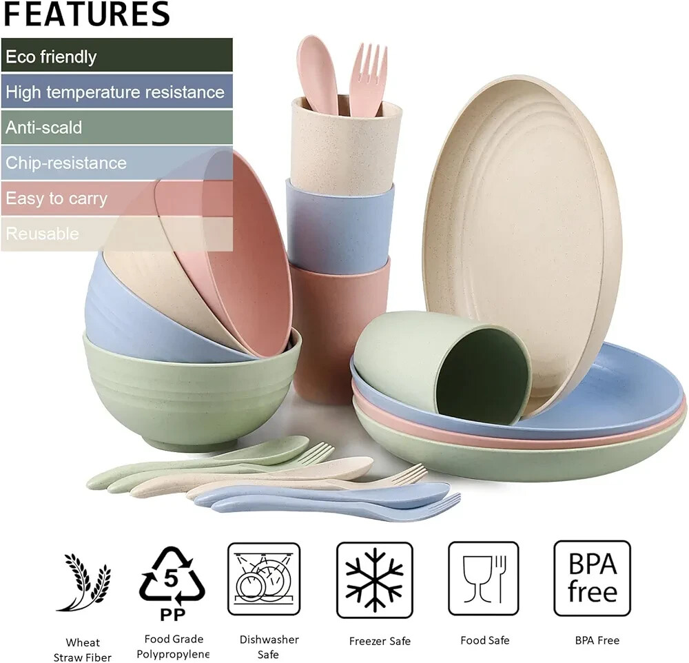 Shopwithgreen Wheat Straw Dinnerware Set 20 PCS Microwave Dishwasher Unbreakable