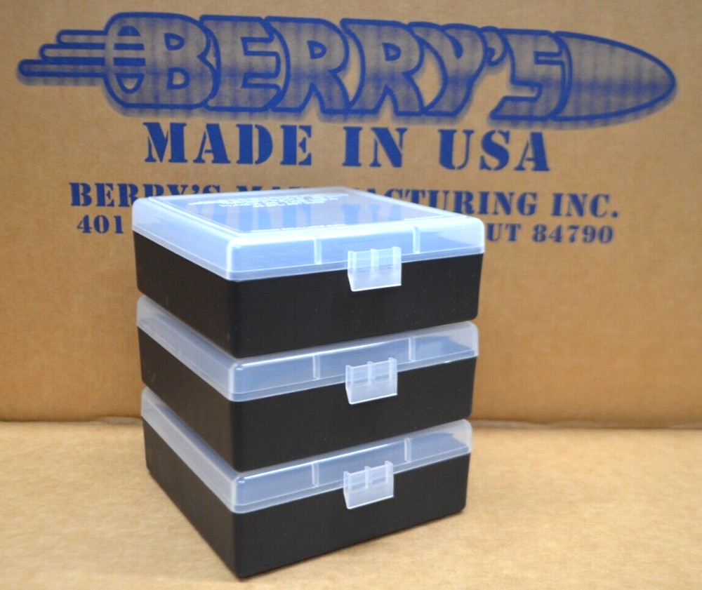 3 x 38 / 357 BERRY AMMO BOXES 100 RD PLASTIC HOLDER (CLEAR / BLACK)