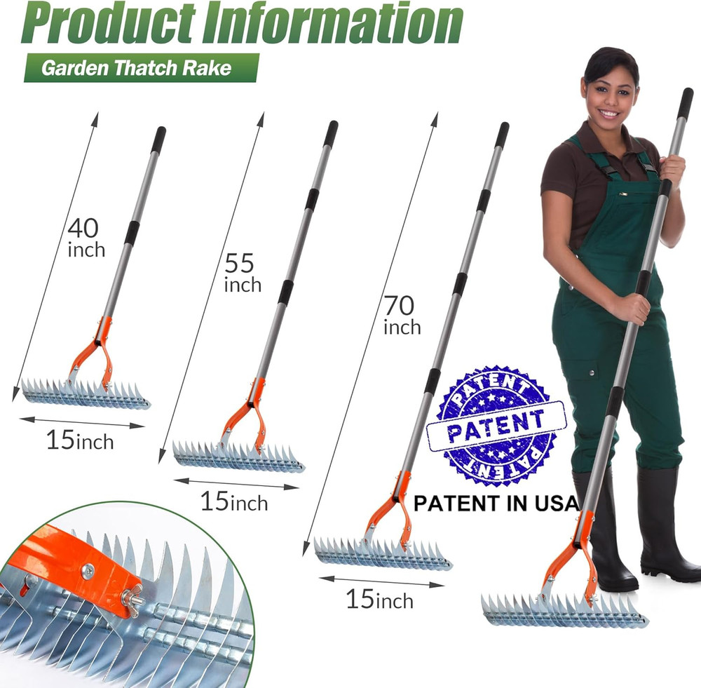 Thatch Rake, 15-Inch Lawn Thatching Rake, Robust Dethatcher Rake, Efficient Stee