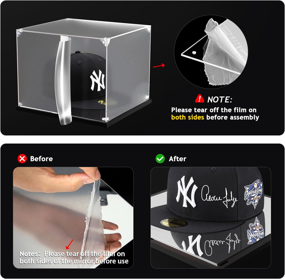 Hat Display Case, Clear Acrylic Hat Box with Mirror Base, Display Case for Baseb