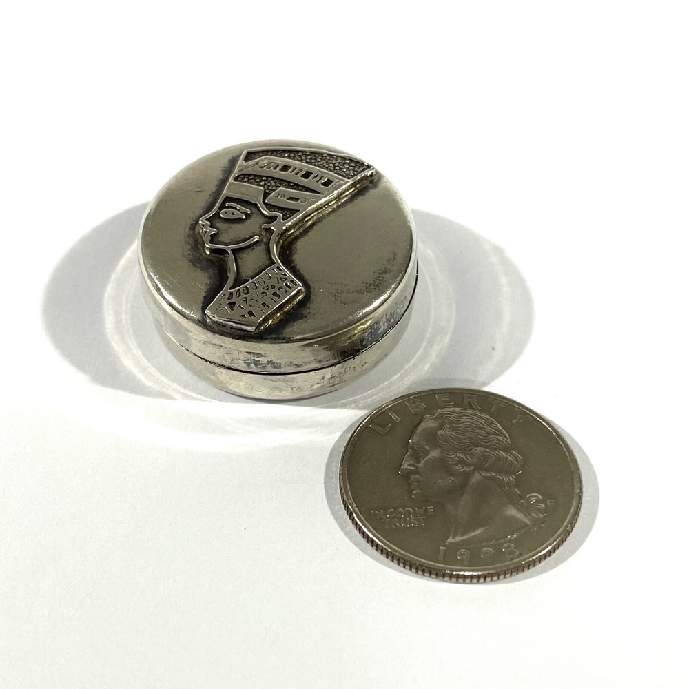 Vintage Solid Silver Egyptian Pill Box, Queen Nefertari, Snuff Box, Hallmarked