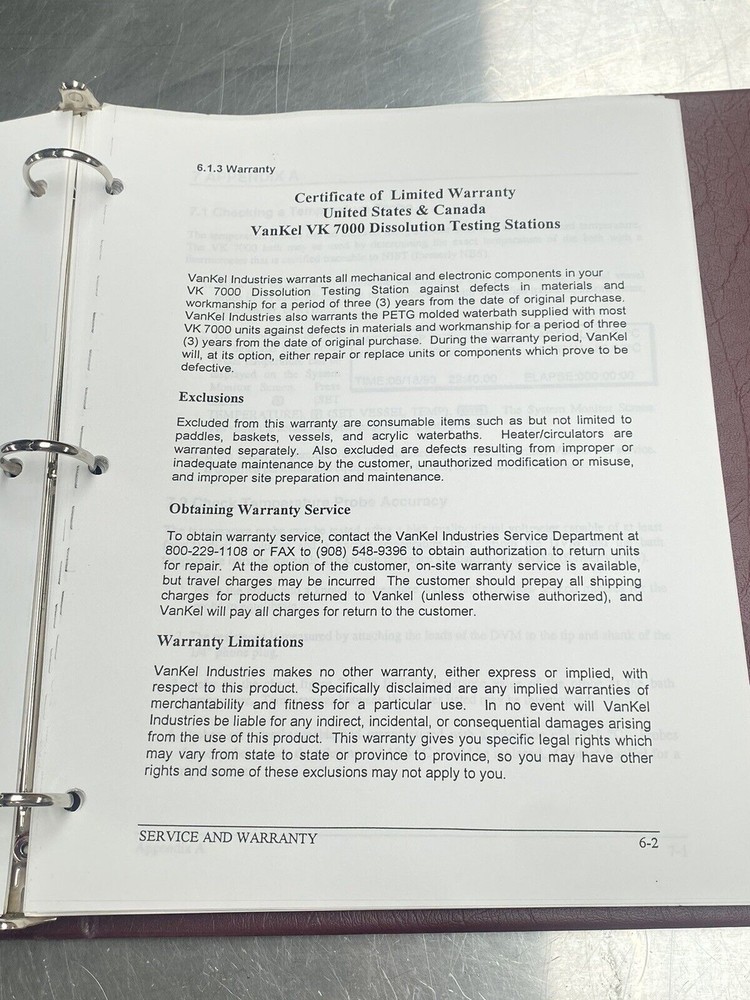 Vankel VK 7000 Dissolution Test Station - Users Manual / Instructions Book