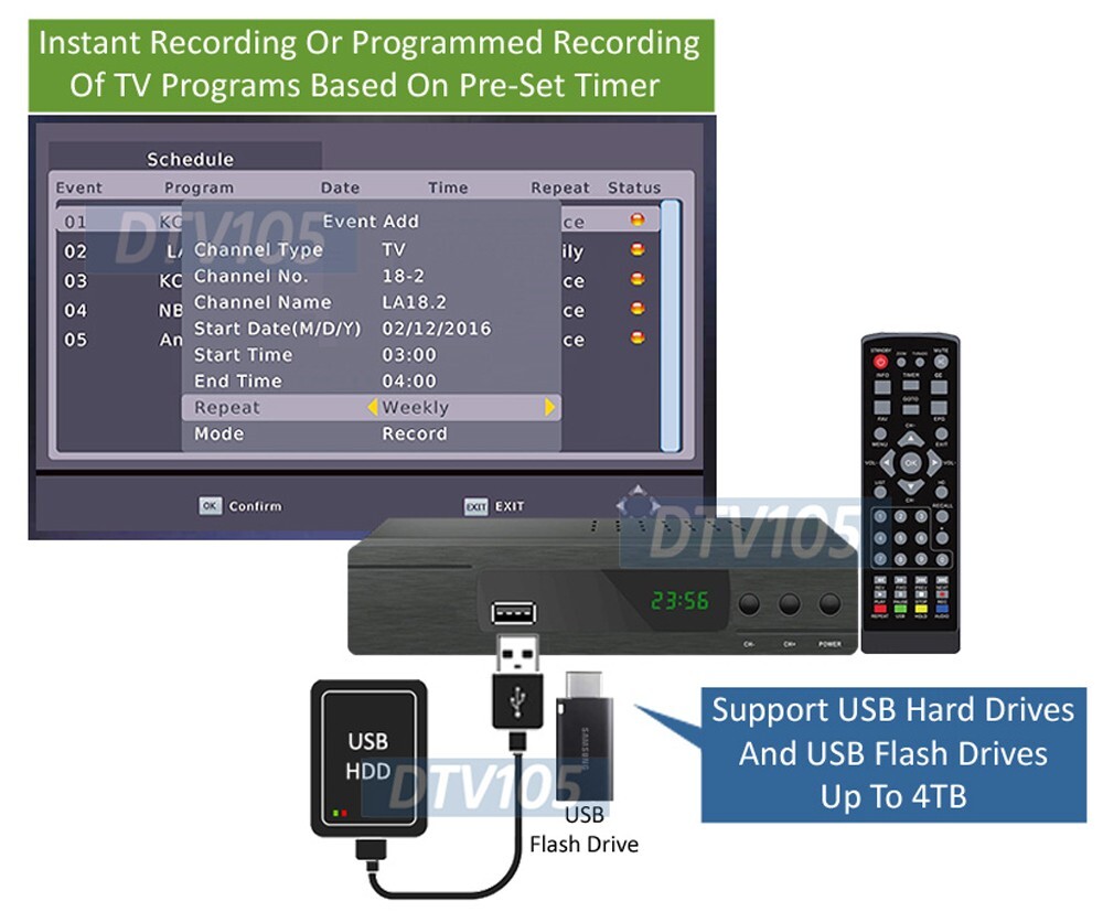 Digital ATSC Converter Box-Broadcast Channels Play Pause Program Scheduling