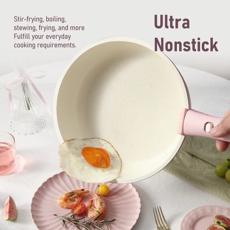 4Pc Nonstick Cookware Set Pink Detachable Handle Pots Pans Stackable Kitchen