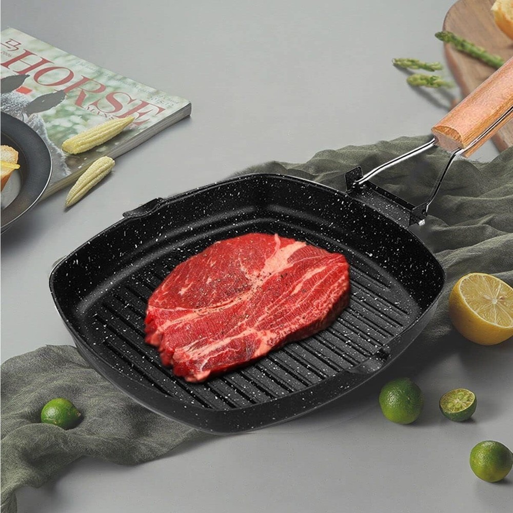 Versatile 24cm Cast Iron Grill Pan - Non-Stick & Folding Handle for Easy Storage