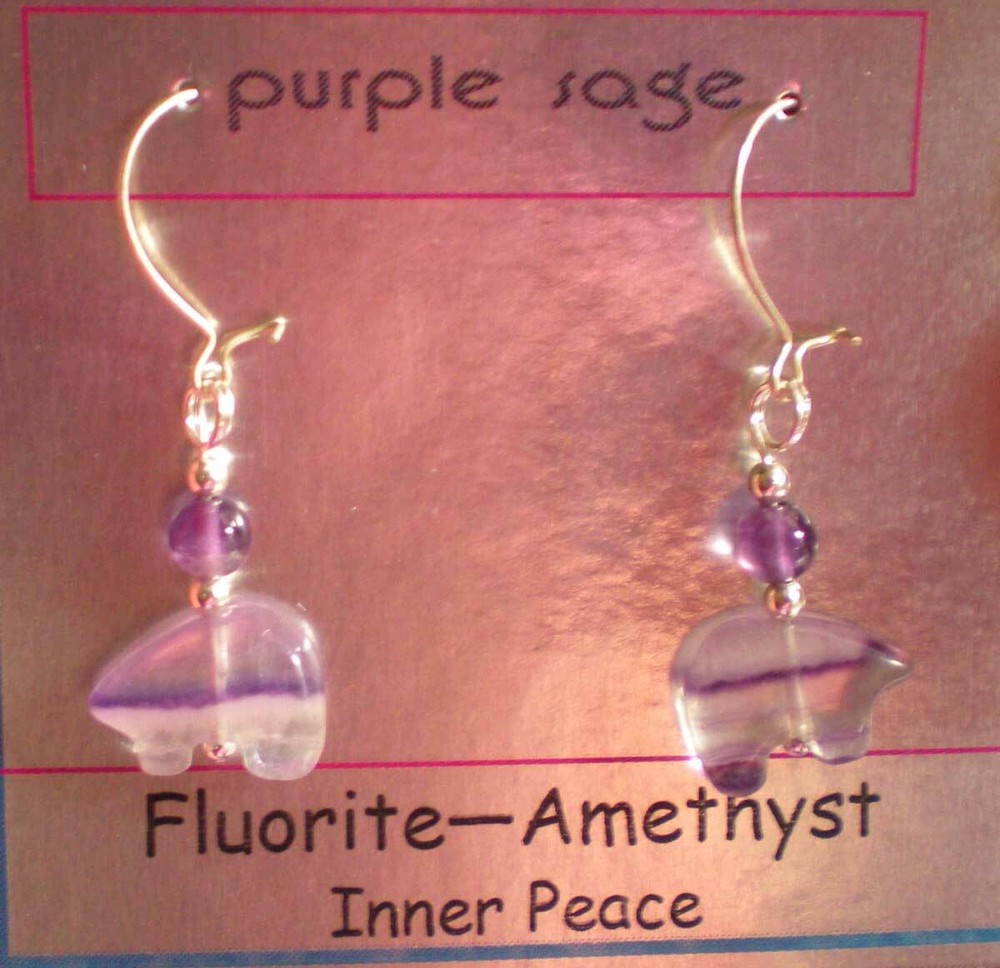 Fluorite Bear Totem with Amethyst Earrings e156