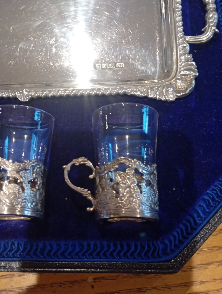 AntiqueBoxed Solid Silver Liquer and Salver Set.