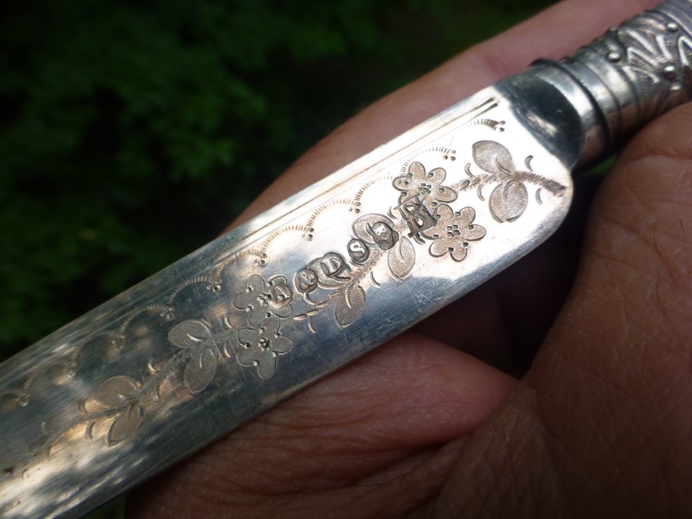 Antique CJ Allen & Sidney Darwin Sheffield 1893 Etched Silver Flatware MOP Fish