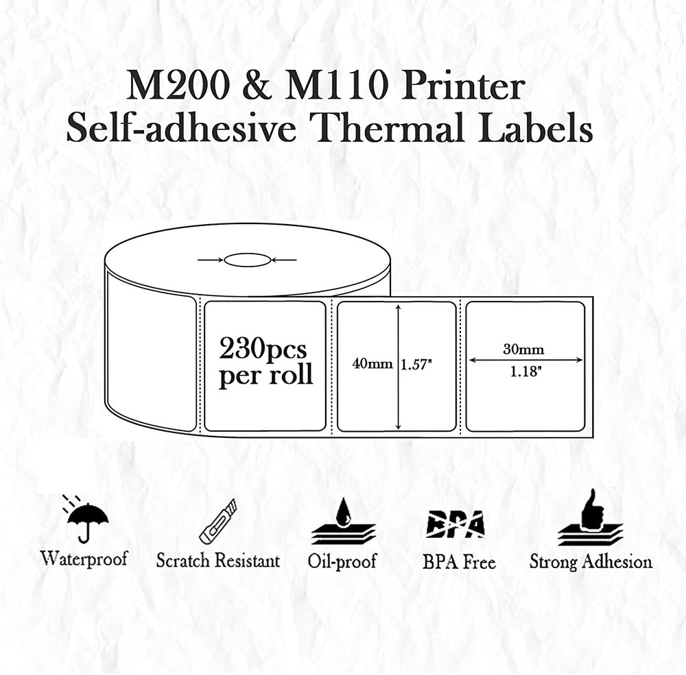 3 Rolls 40×30mm White Self-Adhesive Thermal Label for Phomemo M110/M200 Printer