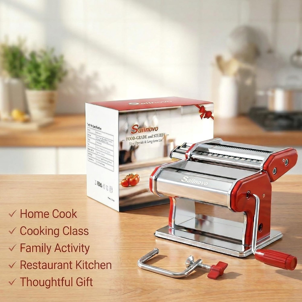 Red 180 Roller Manual Pasta Maker Machine with 9 Thickness Settings