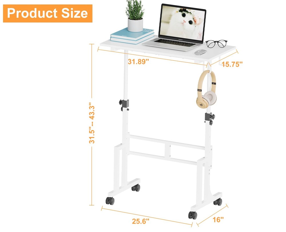 Small Adjustable Height Standing Desk With 2 Hooks, Rolling Sit Stand Up Desk Wi