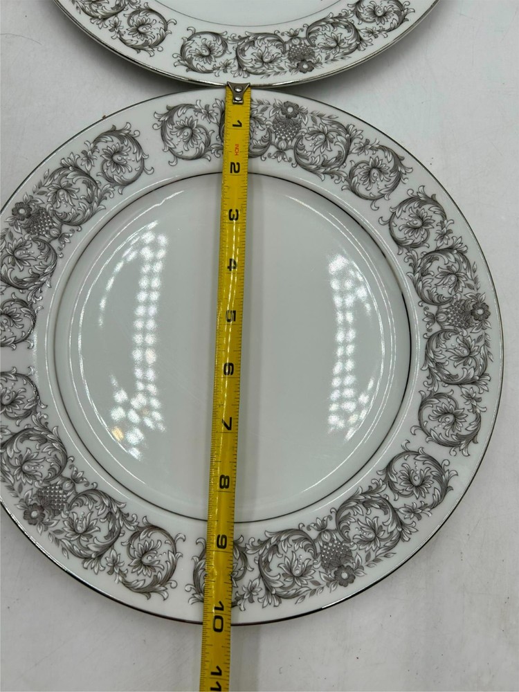 2) TOWNE HOUSE ELEGANTE DINNER PLATES GRAY SCROLL EDGE ON WHITE