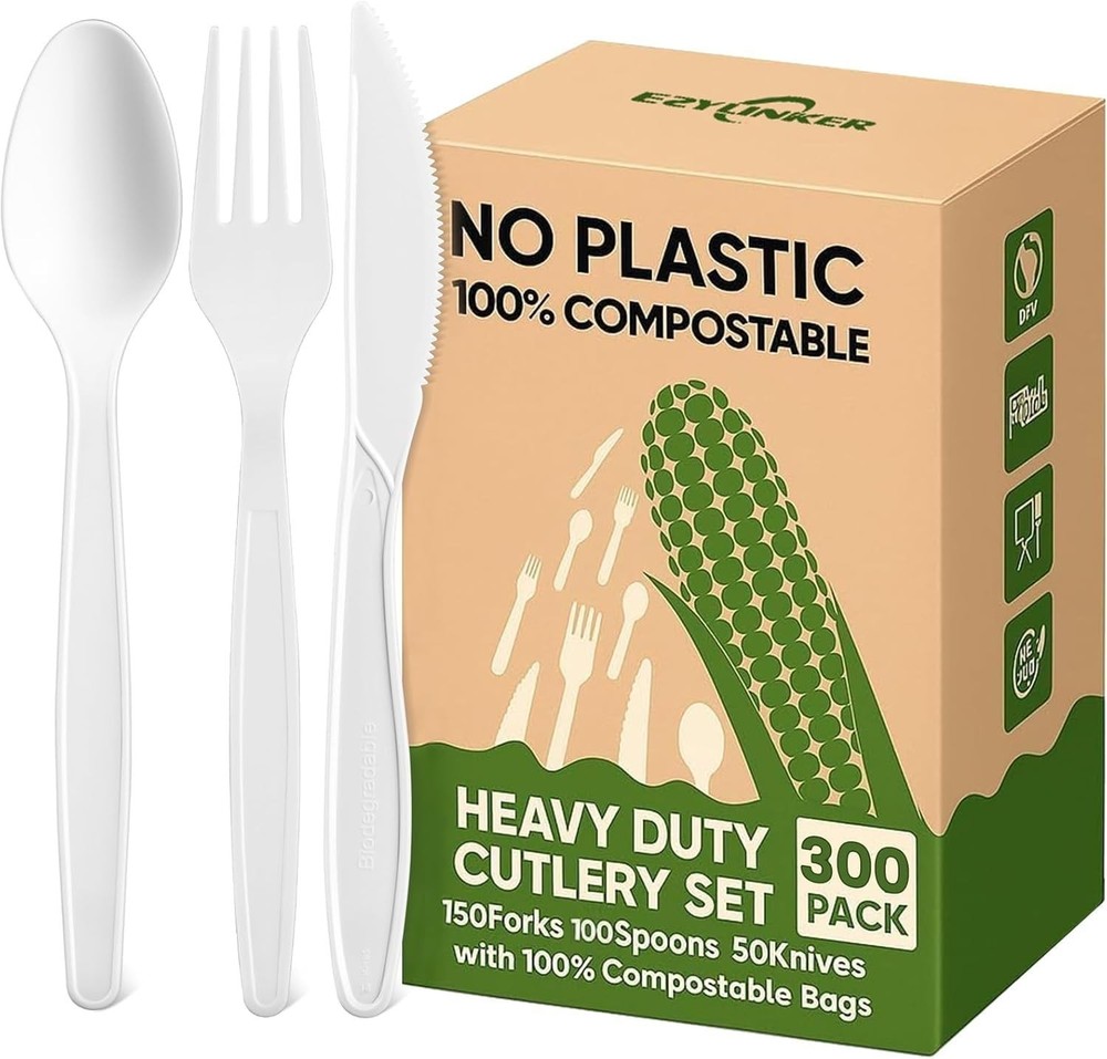 EZYLINKER Compostable Utensils Set 300Pack Utensil Set, Ivory White