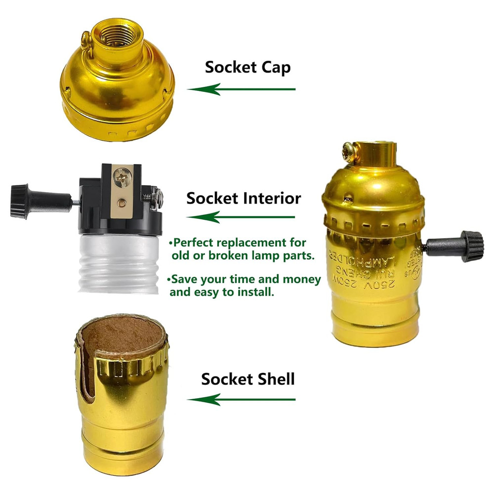 2 Pack UL Listed E26/E27 Light Socket Replacement with On/Off Switch Knob, Lamp