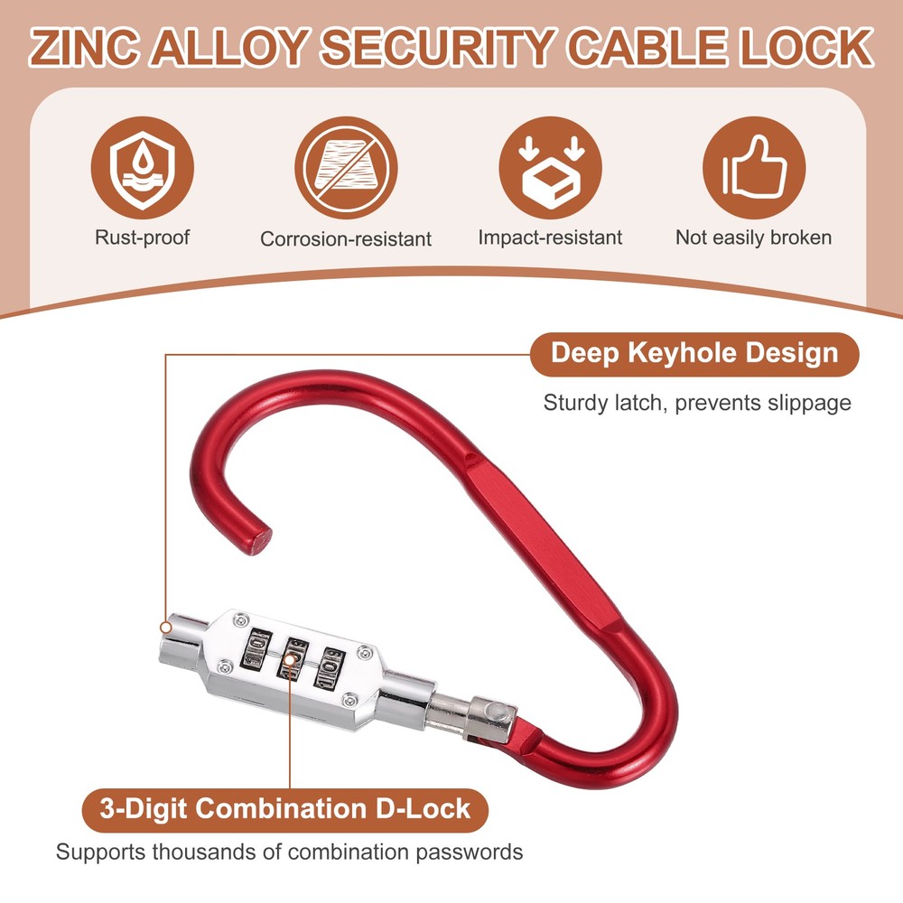 3.8" x 1.8" D-Shaped 3-Digit Code Combination Lock D-Ring Clip Locking, Red