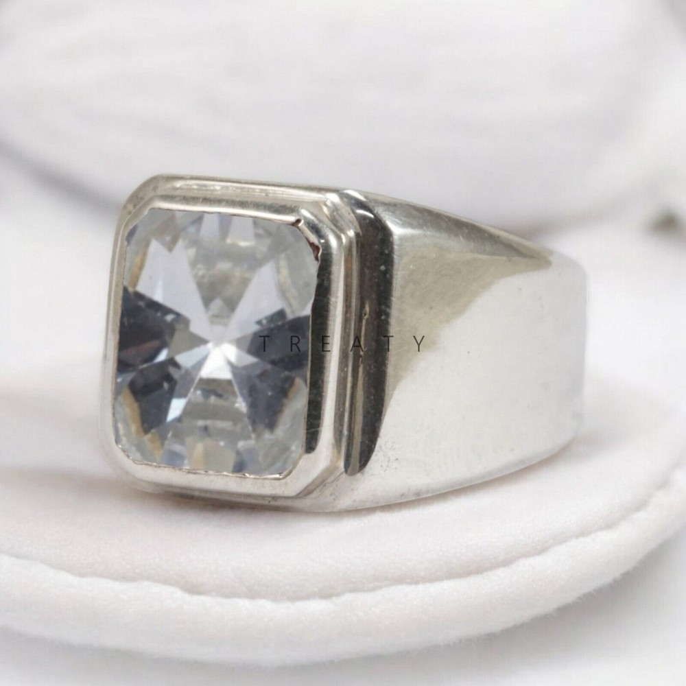 Moissanite Emerald Cut Gemstone With 14K Solid White Gold Ring For Men's #A4