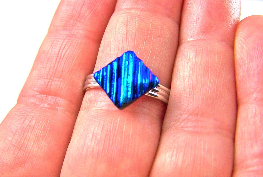 Dichroic Glass Ring Adjustable Tiny 1/4" 7mm Medium Blue Teal Ripple Texture