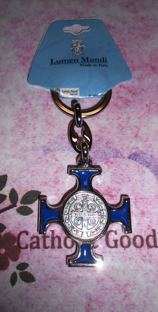 St Saint Benedict Cross Medal Key Chain Blue