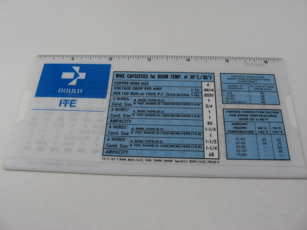 Vintage 1978 Gould ITE Wire Capacity Pocket Guide Electrical Reference Ruler