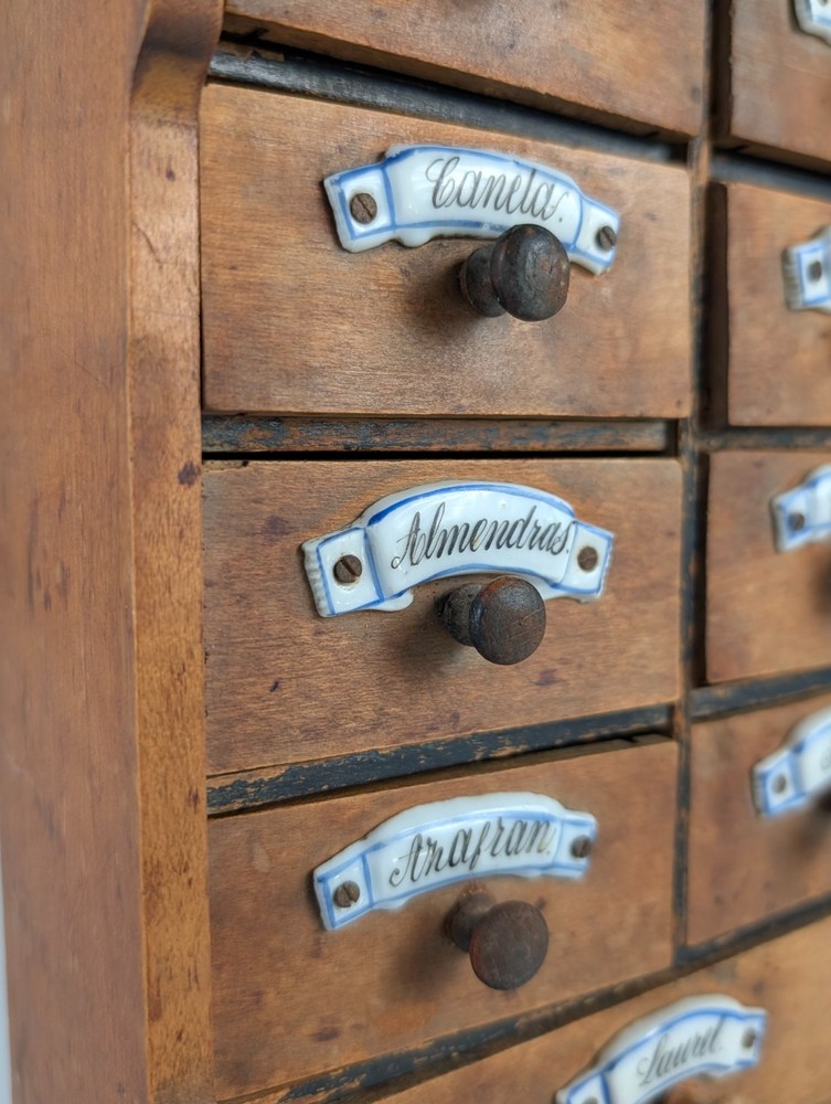 Spanish Rustic Wooden Spice Tree with Ceramic Labels, 1930s