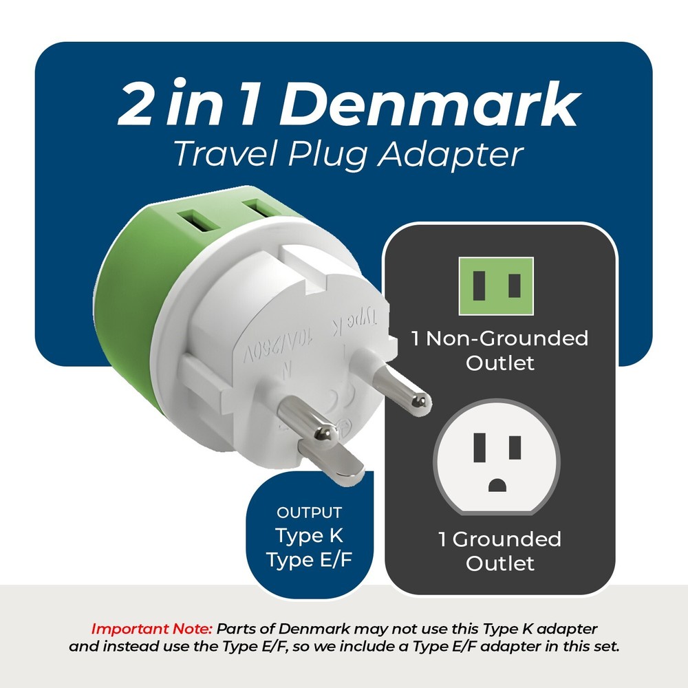 OREI Denmark Travel Plug Adapter - 2 USA Inputs - 3 Pack - Type K