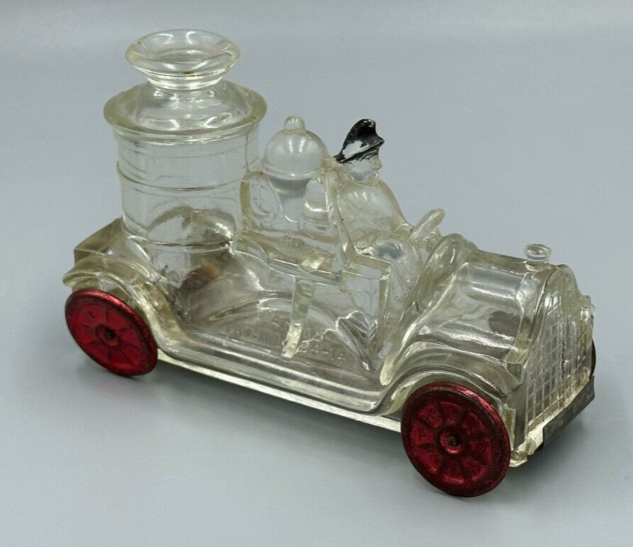 1914 FIRE ENGINE Stough Figural Glass CANDY CONTAINER Vintage E&A 223 Tin Wheels