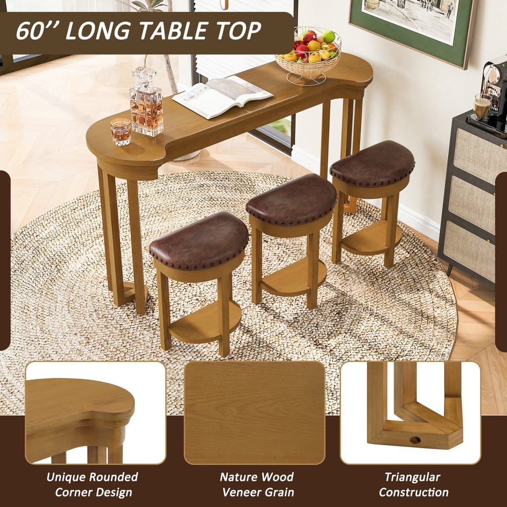 4 Piece Kitchen Counter Height Bar Table Set with 3 PU Padded Solid Wood Stools