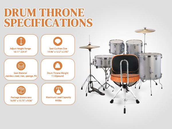 Drum Throne with Backrest,Adjustable Height,Heavy Duty with 5A Drumsticks