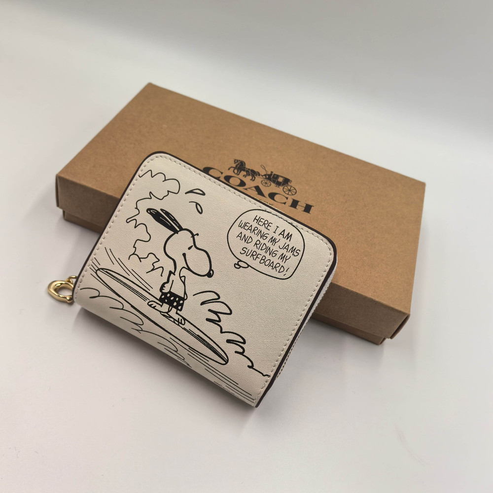 Coach x Snoopy Print Cartoon Pattern Medium Zip Wallet White